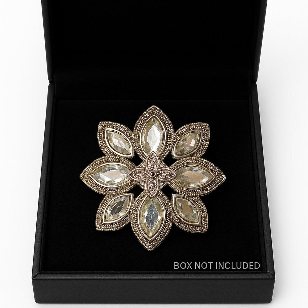 Silver Tone Petal Brooch Princess Cut Clear Gemstones Pin Art Deco Vintage